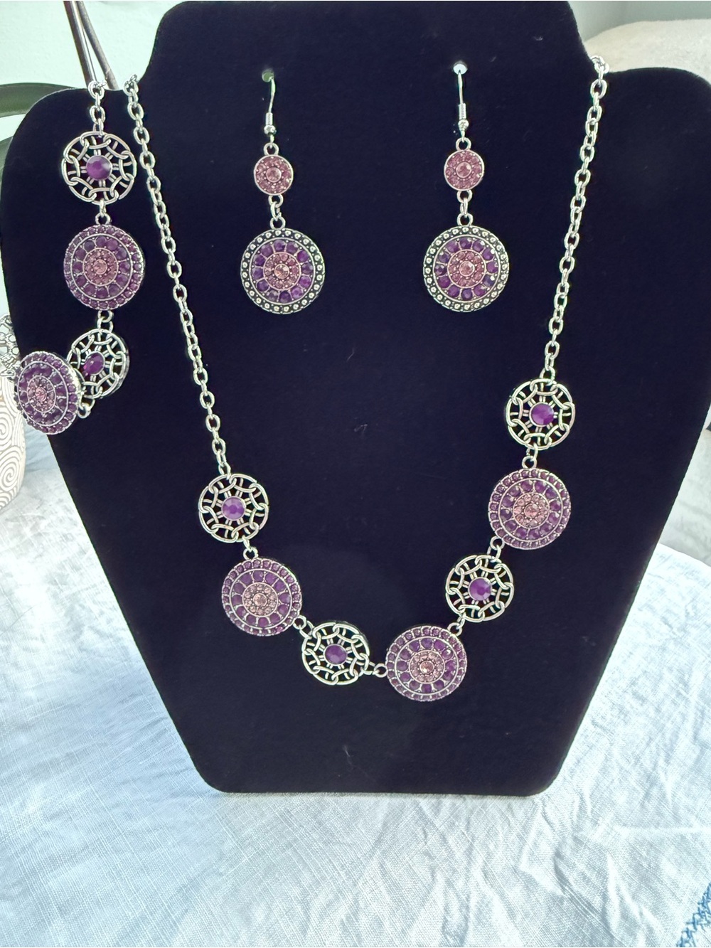 Elegant Purple Crystal Circle Necklace, Bracelet & Earrings Set